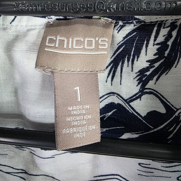 Womens Chico's White & Blue Hawaiian Linen Blend Shirt Button Up Rolled Sleeve 1 - Picture 4 of 8